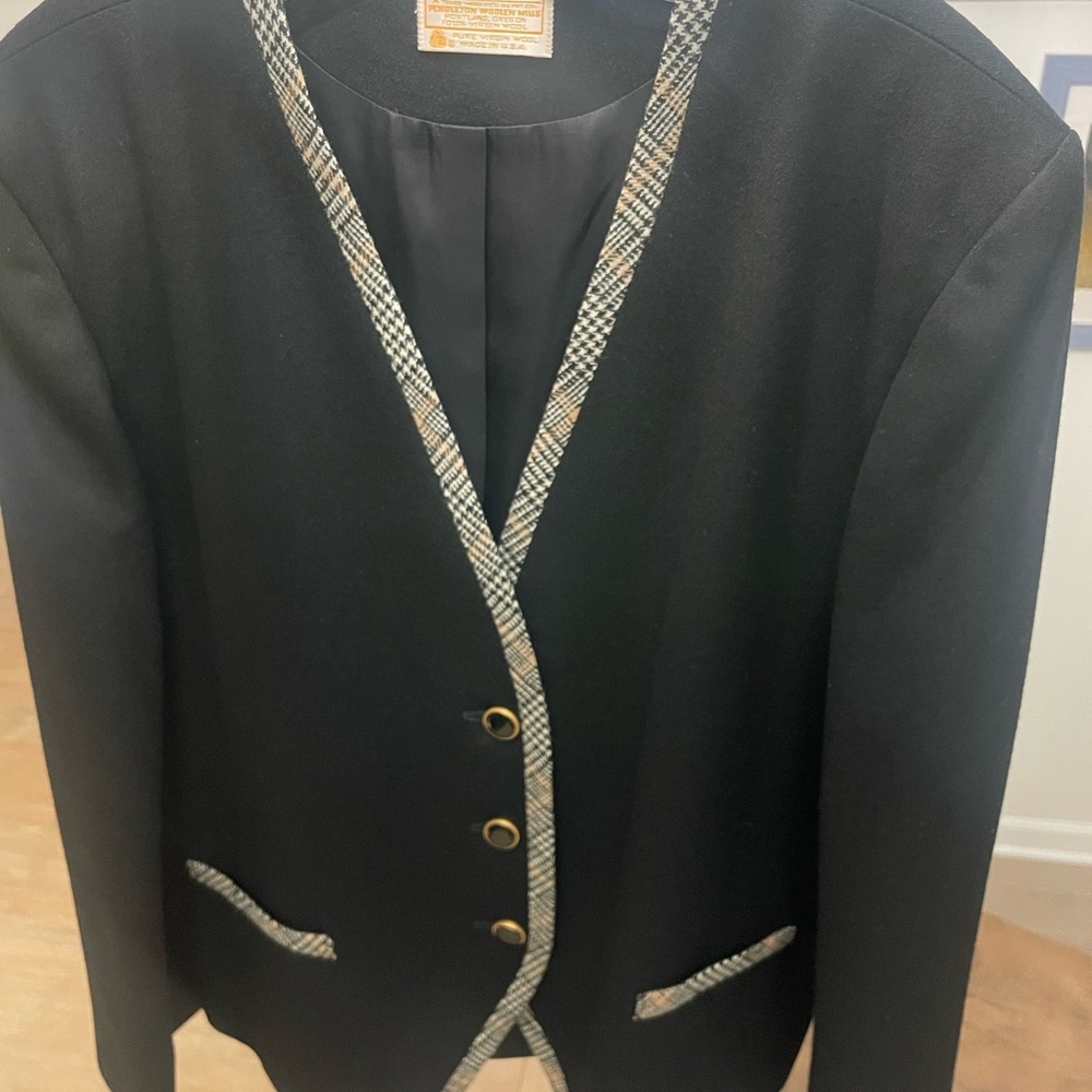 Women's Vintage Black Blazer with Plaid Houndstooth Trim